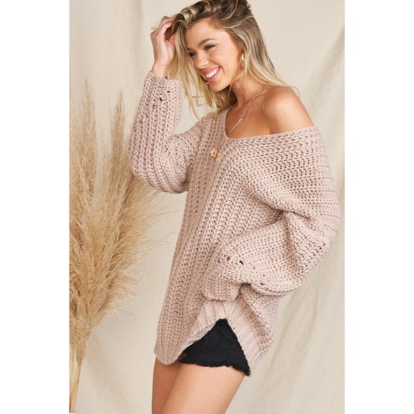 SOLD OUT Mink Chunky Knit Oversized Deep V Drop Shoulder Knit Casual Sweater - Picture 6 of 9